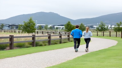 Obraz premium Serene Morning Jog Two People Fitness Lifestyle on Path with Mountain Views and Fence Outdoors