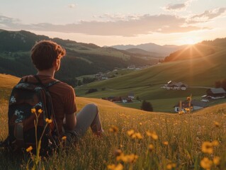Fototapeta premium Contemplative traveler enjoying sunset over rolling hills and alpine village in scenic landscape with backpack and golden light