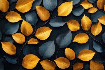 Colorful leaves arranged artistically on a dark background showcasing autumn hues of gold and blue with intricate details