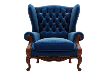 Luxurious royal blue velvet wingback armchair with ornate dark wood detailing isolated on black...