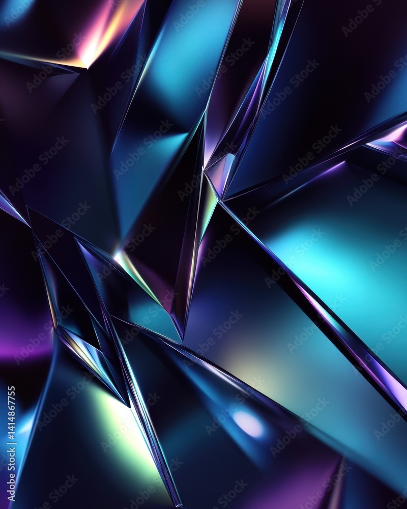Poster abstract geometric composition featuring sharp angles iridescent colors and dynamic lighting creatin