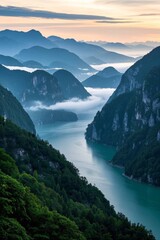 Obraz premium mountains and a body of water surrounded by trees and fog