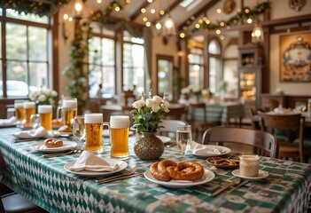 Bavarian Beer Garden Feast: Rustic Table Setting with Pretzels and Beer