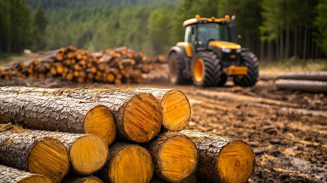 Logging operation in forest with tractor transporting timber during daylight hours
