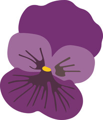 A simple, flat illustration of a single purple pansy flower with a yellow center and dark purple markings. Cute floral design.