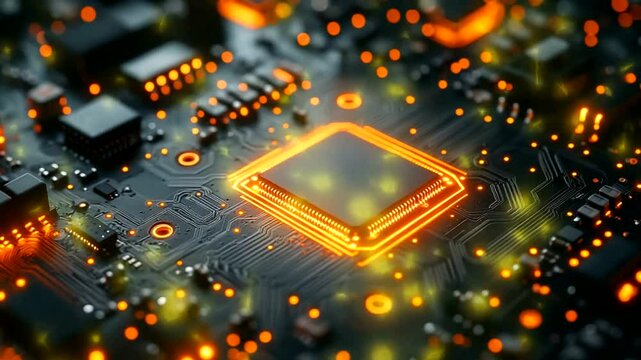 Glowing CPU on circuit board, data streams, tech background, for tech articles