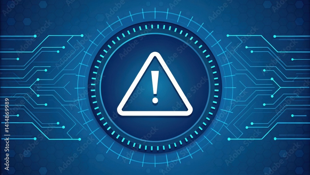 Poster scam call phone security. digital warning sign with circuit patterns on a blue background.