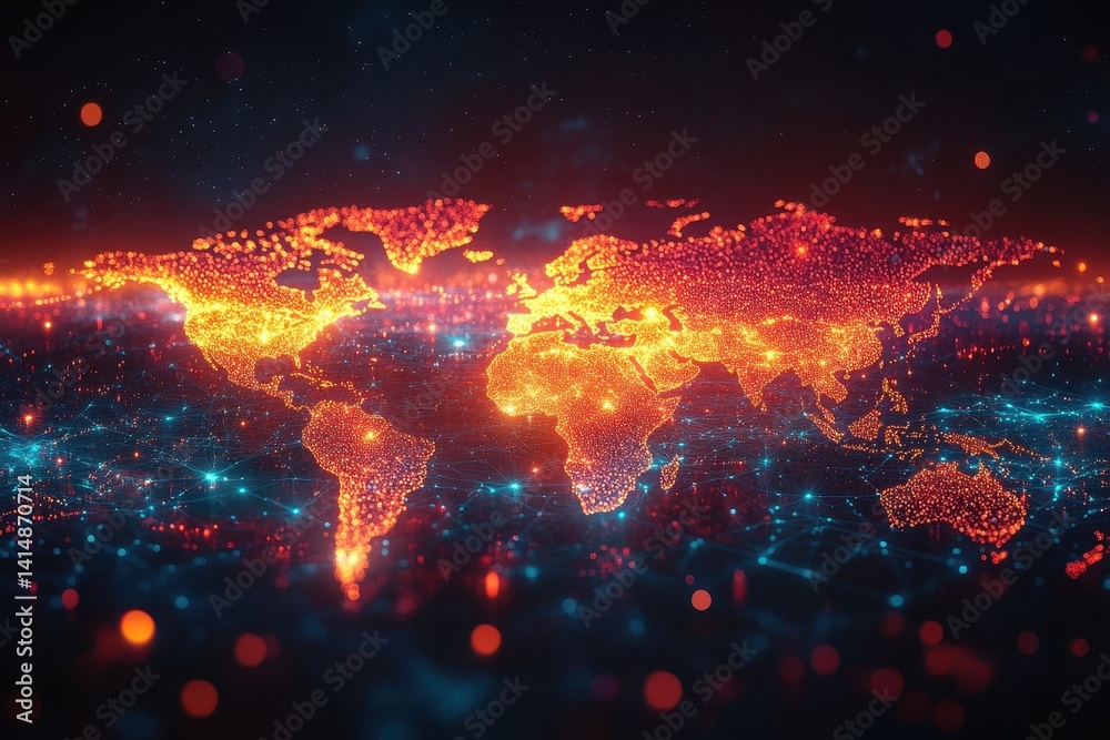 Poster digital world map illuminated by glowing particles showcasing interconnectedness and data flow acros