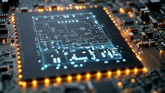 Glowing CPU on circuit board with active components in background