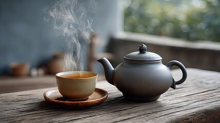 Fototapeta premium Wisps of steam rise from a delicate cup of tea, paired with a traditional Chinese teapot, creating a serene moment of joyful calm.