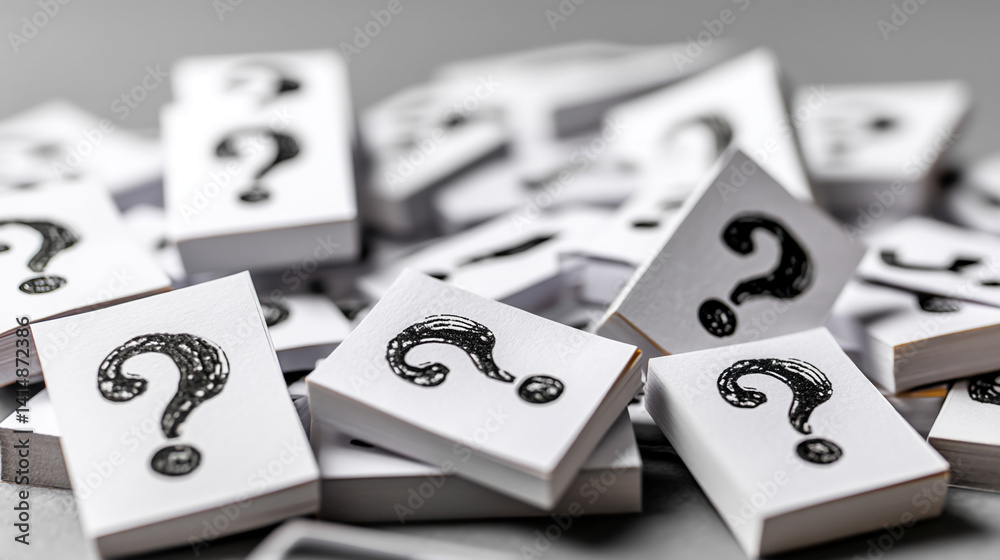 Aufkleber close-up of numerous small white squares, each displaying a black question mark, piled haphazardly, 