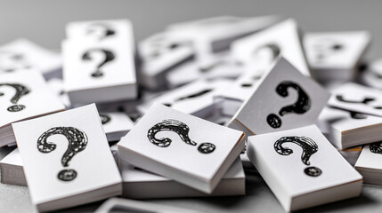 Close-up of numerous small white squares, each displaying a black question mark, piled haphazardly, symbolizing uncertainty, inquiry, or a quest for answers