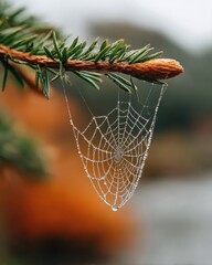 A close-up of a dew-covered spiderweb glistening in the morning light