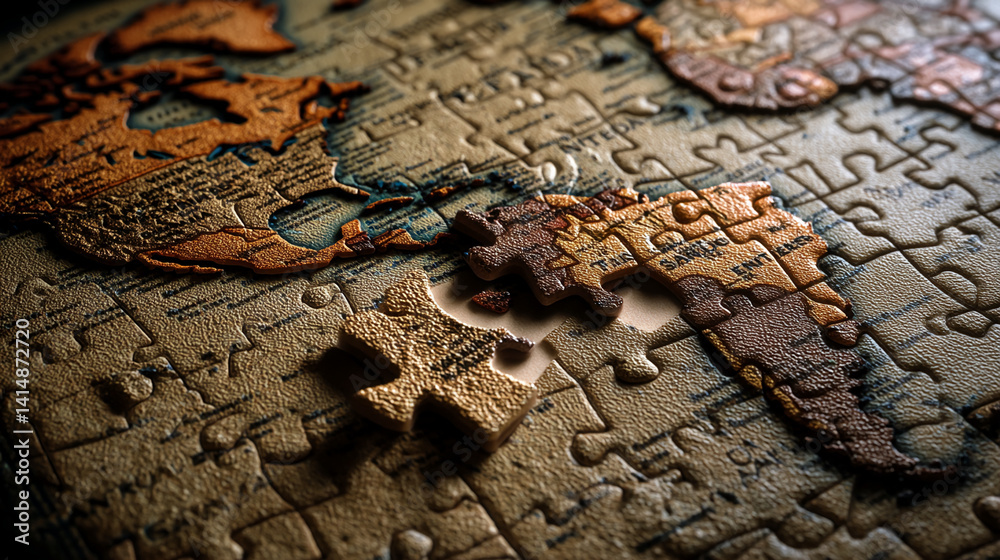 Poster Close-up of a world map jigsaw puzzle, showing texture and detail of individual pieces, some assembled, some missing, symbolizing global connection, challenges, and completion
