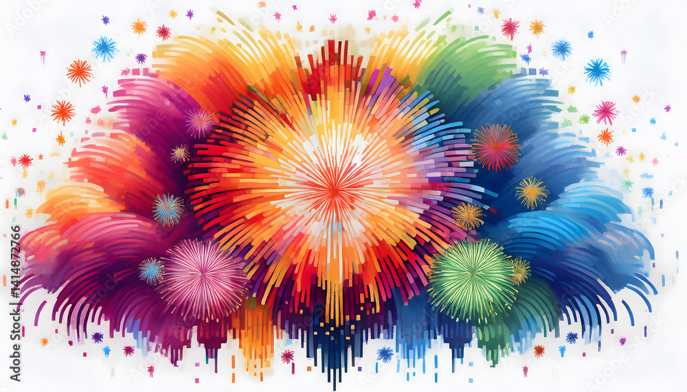 Poster Vibrant display of colorful fireworks in various shapes and patterns