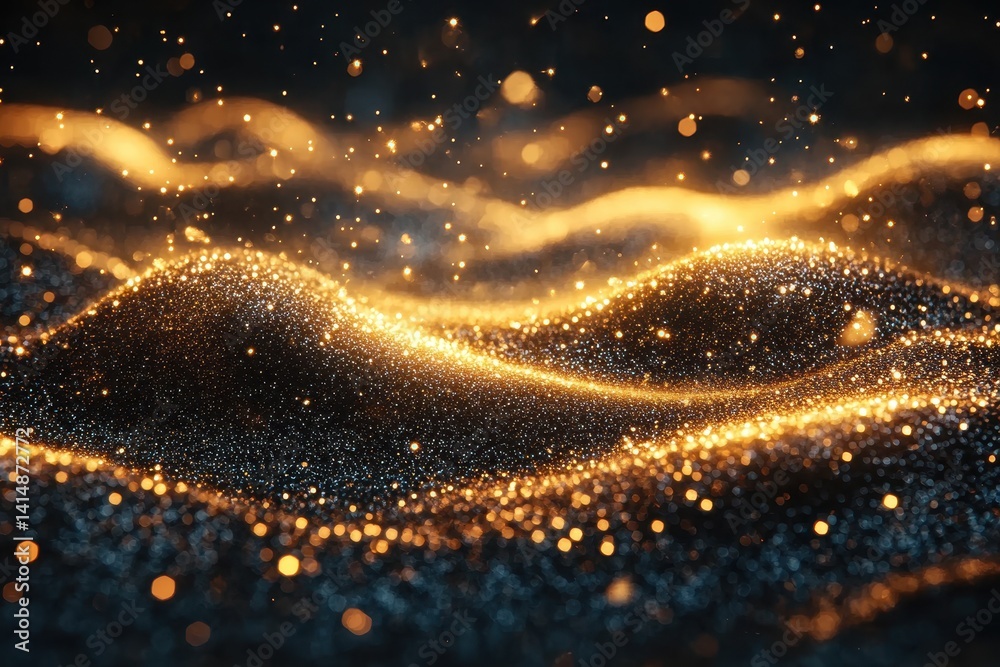 Poster glittering waves of light and texture in a dark space create an enchanting visual display of gold an