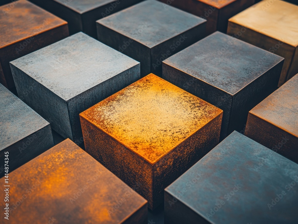 Poster abstract arrangement of textured cubes with warm and cool tones creating a geometric pattern and ind