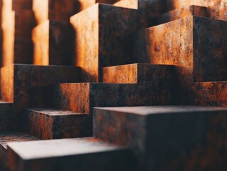 Abstract rust colored geometric arrangement of cubes creating a textured and layered background with dramatic lighting and a modern industrial aesthetic