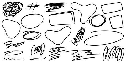 Vector graphic of scribble doodle set include abstract scribble, blob, highlight, rectangle, circle and curvy line.