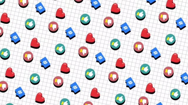 Animated social media icons (hearts, hashtags, likes, and dislikes) gently sway in opposing directions along diagonal rows over a minimal white grid, adding a clean, playful tone to digital culture.