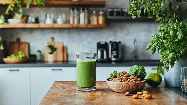 Healthy Green Smoothie with Almonds in a Modern Kitchen