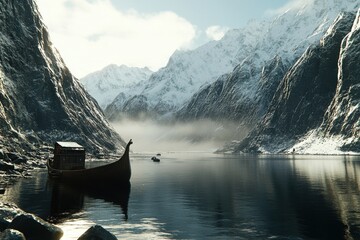 Fototapeta premium Serene Nordic Landscape with Viking Ship on Calm Water Surrounded by Majestic Snow Capped Mountains and Mist in a Peaceful Ambiance