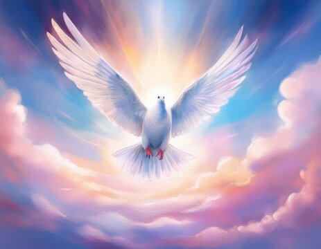 A single dove descending through pastel clouds, with subtle rays of watercolor light forming a halo around it &mdash; symbol of the Holy Ghost.