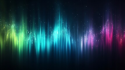 Obraz premium Abstract Cosmic Streaks in Blue, Green, and Yellow, Abstract digital art with blue, green, and yellow diagonal streaks and star-like specks
