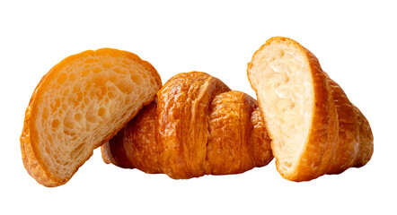 Top view of a loaf of brown croissant with two halves in stack isolated in png file format
