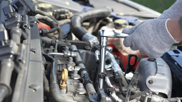 Car repair outdoor - the serviceman unscrews the spark plugs under the hood