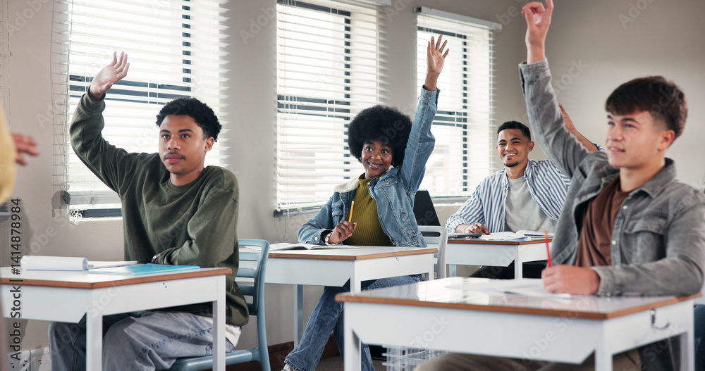 Poster question, hands up and students in class with answer for lesson, learning and education. university,