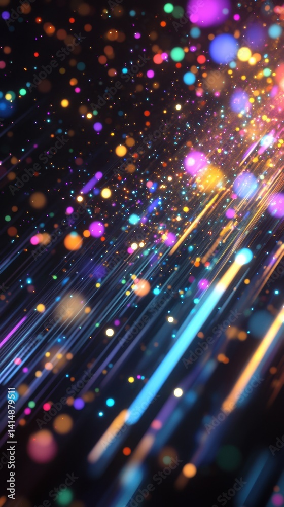 Poster dynamic abstract background with vibrant colorful bokeh lights and glowing streaks creating a festiv