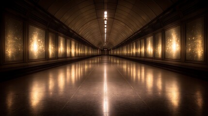 Tunnel of Radiance Illuminating the Unknown Passageway with Glimmering Panels Along the Path.