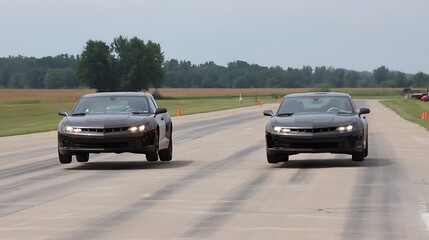 Two Cars Head to Head Racing on a Track with Front Wheels Up in the Air in Competition Style Event.