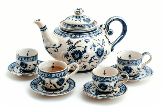 Elegant blue and white porcelain tea set arranged on a simple background for afternoon tea elegance