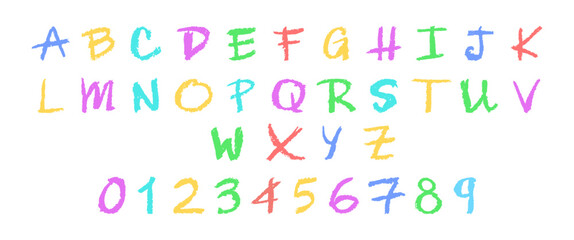 Colorful vector illustration of the English alphabet and numbers 0-9, hand-drawn in a crayon, chalk, pastel, or wax style. Highlighter effect on a board, perfect for kindergarten drawing and learning.
