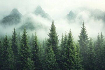 Fototapeta premium A dense forest with a misty, foggy atmosphere