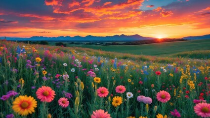 Fototapeta premium Colorful Wildflower Meadow at Sunset with Mountain Views Landscape