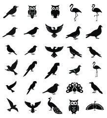 Obraz premium bird, silhouette, vector, animal, flying, illustration, birds, nature, icon, black, fly, pigeon, dove, wing, wild, set, wildlife, wings, eagle, silhouettes, collection, seagull, drawing, feather, spar