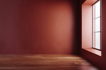Minimalist indoor corner with red-brown wall, wooden floor and large window letting natural light in, warm and clean space.