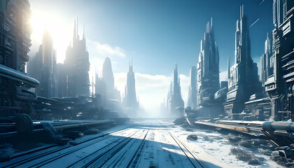 Obraz premium Futuristic Frozen Cityscape: A desolate yet stunning futuristic city, blanketed in snow, stretches towards a bright sun, showcasing towering, sleek skyscrapers and a vast, snow-covered avenue.