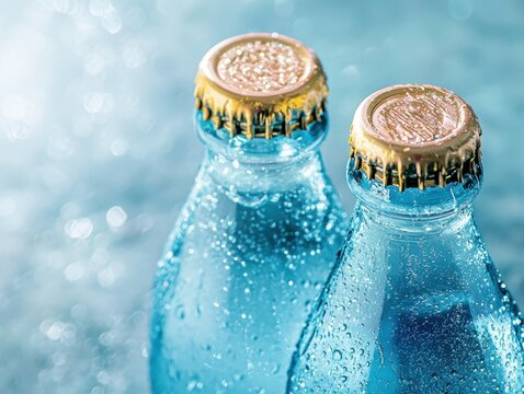 Two refreshing blue glass bottles with golden caps and water droplets against a sparkling light background