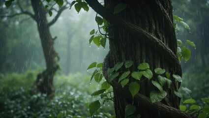 Fototapeta premium Rain Falling in Lush Green Forest with Vine Wrapped Around Tree