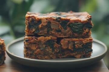 Stacked savory spinach and potato bake on plate showcases rustic charm and healthy homemade cooking with natural light and soft focus