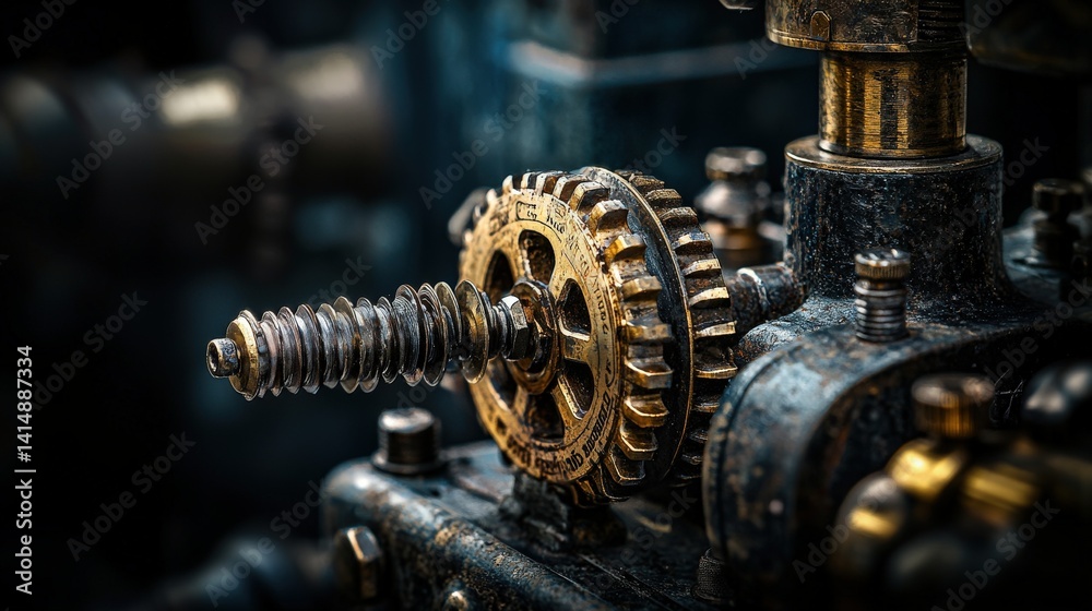 Poster Industrial mechanism interaction workshop macro photography dim lighting close-up mechanical precision