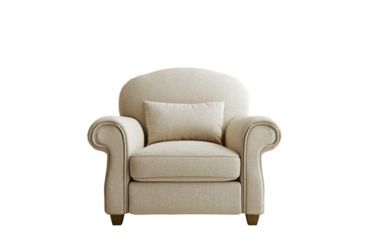 Elegant cream armchair with a classic design and subtle grey pattern perfect for a sophisticated living room Studio shot on a black on transparent background
