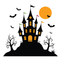 Haunted House Silhouette with Bats and Moon Halloween Vector Art