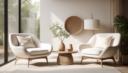 Fototapeta premium two white armchairs and a round table create a serene atmosphere in a modern scandinavian living room filled with natural light and minimal decor generative ai