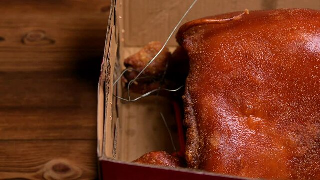 whole fresh roasted suckling pig at horizonal composition