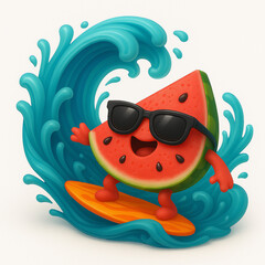 Watermelon Surfer on Wave, isolated white background